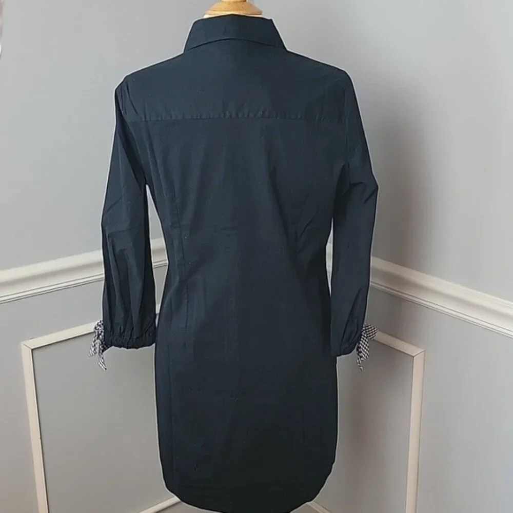 HEYTON Black Half Button Down Gingham Bow Long Sleeve Preppy Boho Shirt Dress S - Picture 3 of 9